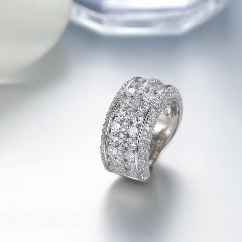 Hsitgexf 2 Rows Round Cut Shiny Full Diamond Ring Cubic Zirconia Cocktail Rings CZ Diamond Ring Eternity Engagement Wedding Band Ring for Women - Image 4